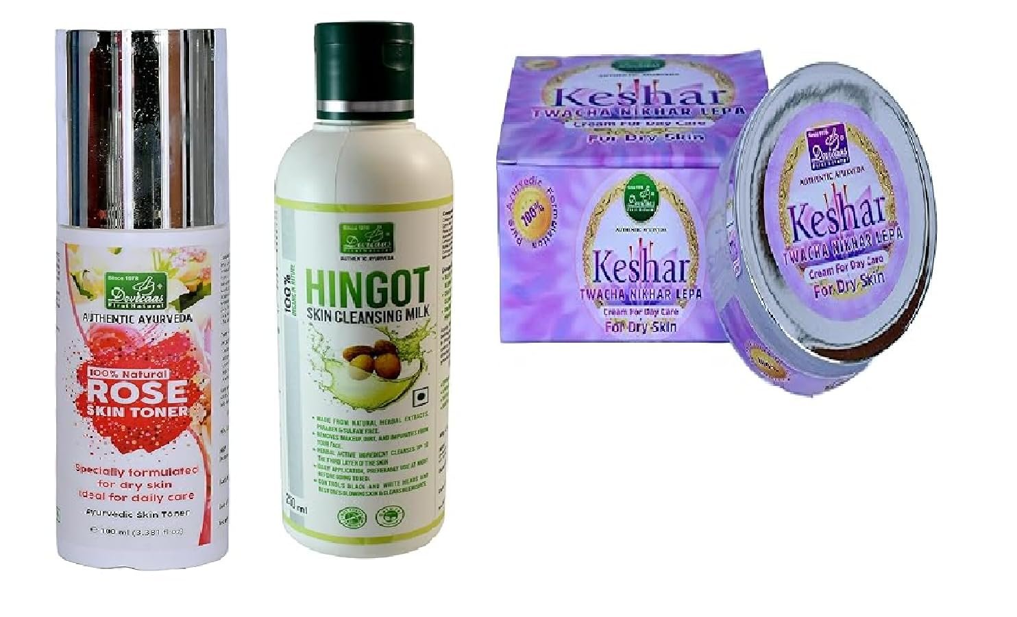 Ayurvedic Normal to Dry Skin Care Combo – Rose Skin Toner 100ml + Keshar Twacha Nikhar Lepa 50g + Hingot Skin Cleansing Lotion 120ml | Natural Hydration, Brightening & Skin Health Kit