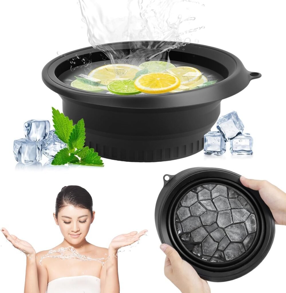 Collapsible Silicone Face Bowl for Ice Facial Ice Bath Cold Plunge Therapy Skin Tightening Acne Relief Portable Black Facial Ice Bowl for Home Spa and Skincare – Black