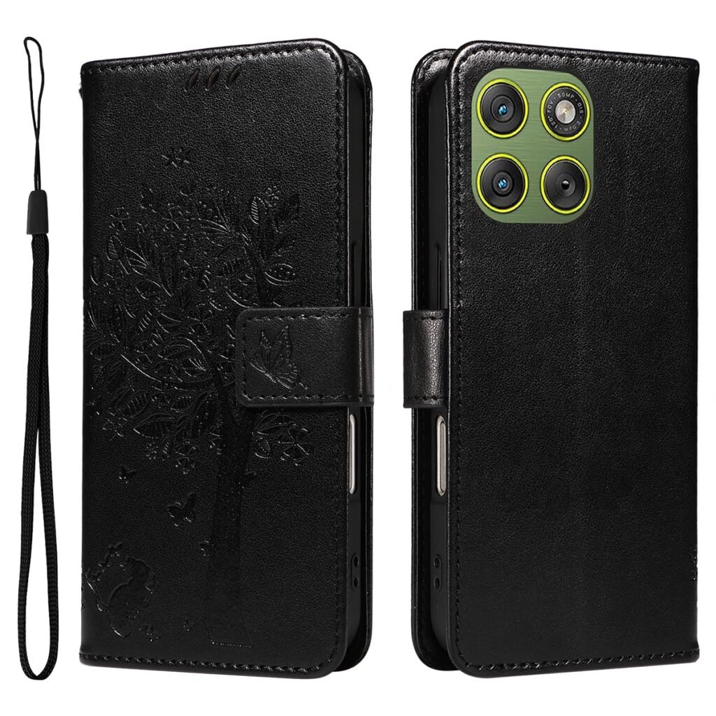 Compatible for Motorola Edge 70 5G Phone Case with Stand Cat Tree Pattern Leather Wallet Mobile Cover – Black