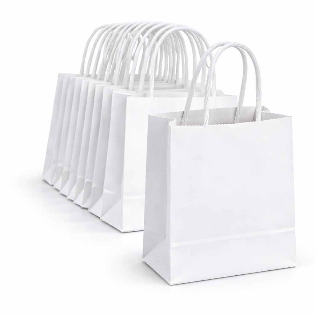 ECOFOLD White Paper Gift Bags with Handles | Plain Kraft Carryout & Shopping Bags | Strong & Eco-Friendly | Small (7 x 3.5 x 8.5 in) | Pack of 30