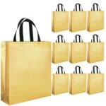Evafly Gift Bag Medium Size Pack of 10 : L13 x W12 x D4 inch|Resuable Non-Woven Shiny Metallic Laminated|Haldi Return Gifts, Jute Bags for Return Gift,Return Gift For Birthday – Golden