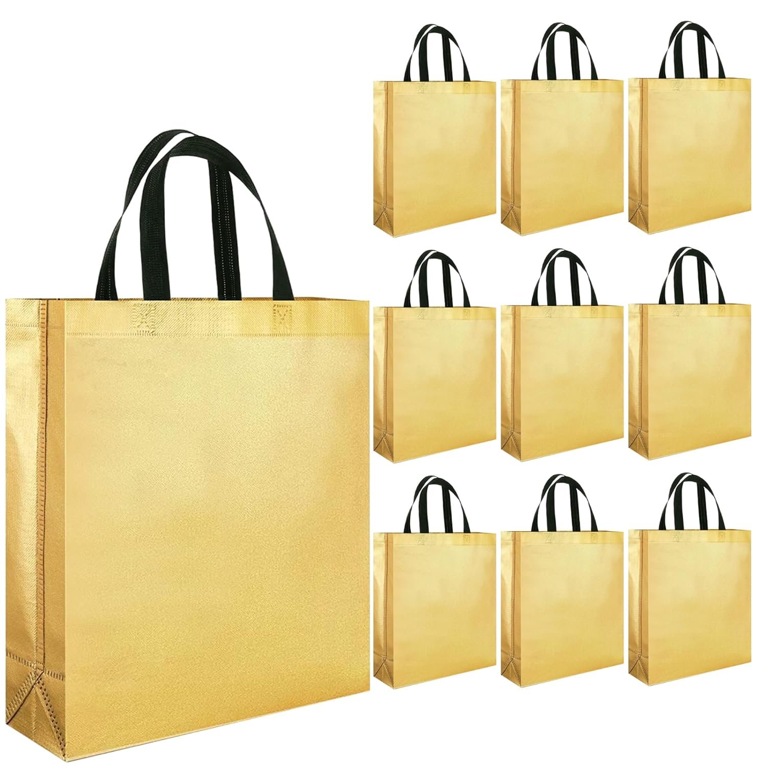 Evafly Gift Bag Medium Size Pack of 10 : L13 x W12 x D4 inch|Resuable Non-Woven Shiny Metallic Laminated|Haldi Return Gifts, Jute Bags for Return Gift,Return Gift For Birthday – Golden