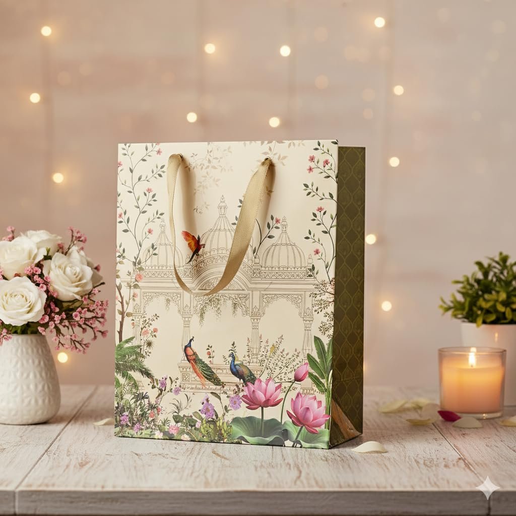 FONSIE paper bags || Luxury small gift bags (10 * 8 * 4 inches) gift bags for gifting in wedding, Diwali, baby shower, birthday, return gifts, goodies-Pack Of 5 (Peacock Green).