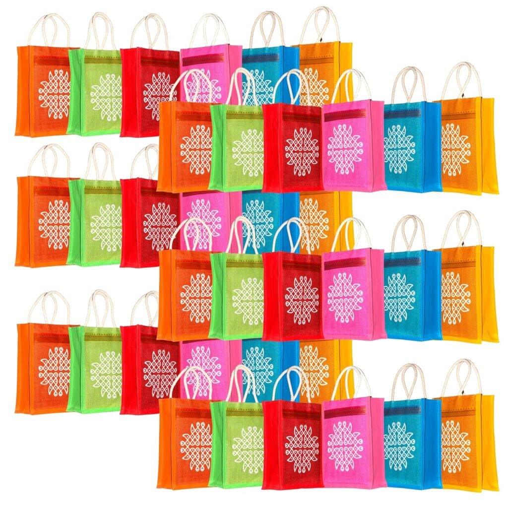 Jute Bags with Contrast Kolam Art | Thamboolam And Jute Bags|Wedding Return Gifts|Birthday Return Gifts|Event Return gifts Bag|Multicolor (10x8x4) inches.… Jute Bags with Contrast Kolam Art | Thamboolam And Jute Bags|Wedding Return Gifts|Birthday Return Gifts|Event Return gifts Bag|Multicolor (10x8x4) inches.…
