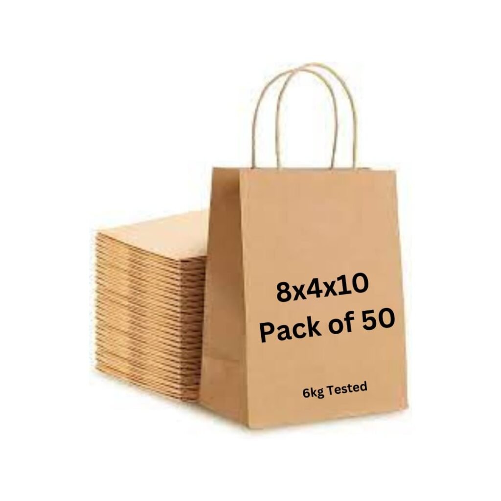 Keh k Lo 8x4x10 ” Pack of 50 paper bags, Kraft Paper Bags with Handles, Brown Return gift paper bags