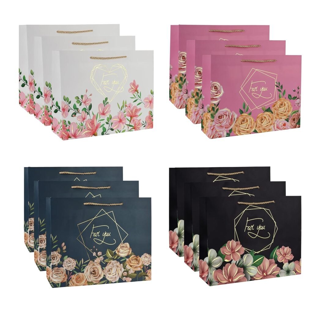 Lavya Medium Size Flower Print Gold Foil Work Paper Gift Bags | Return Gift Carry Bags For Party, Wedding, Festive Gifting, Diwali, Birthday (Floral Gold) (Medium 12.5x10x4.5 Inch, Pack of 12)