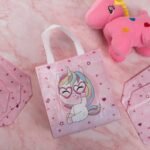 Lavya Small Size Pack of 10 Pcs Glossy Finish Unicorn Printed Non-Woven Reusable Eco-Friendly Party Return Carry Gift Bags (Pink) (Small 9.5x10x4 Inch)