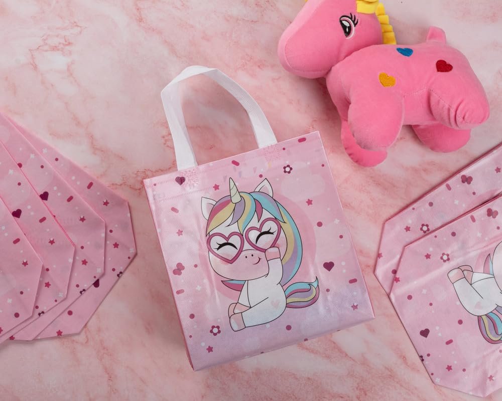 Lavya Small Size Pack of 10 Pcs Glossy Finish Unicorn Printed Non-Woven Reusable Eco-Friendly Party Return Carry Gift Bags (Pink) (Small 9.5x10x4 Inch)