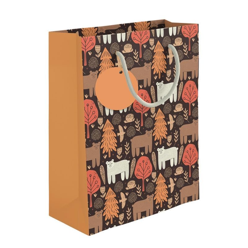 PaperPep Brown Autumn Jungle Print Gift Paper Bags | Small (9″X7″X4″ inches) | Attached gift tags, Ideal for Return Gifts, Weddings, Birthday & Celebrations | Pack of 3