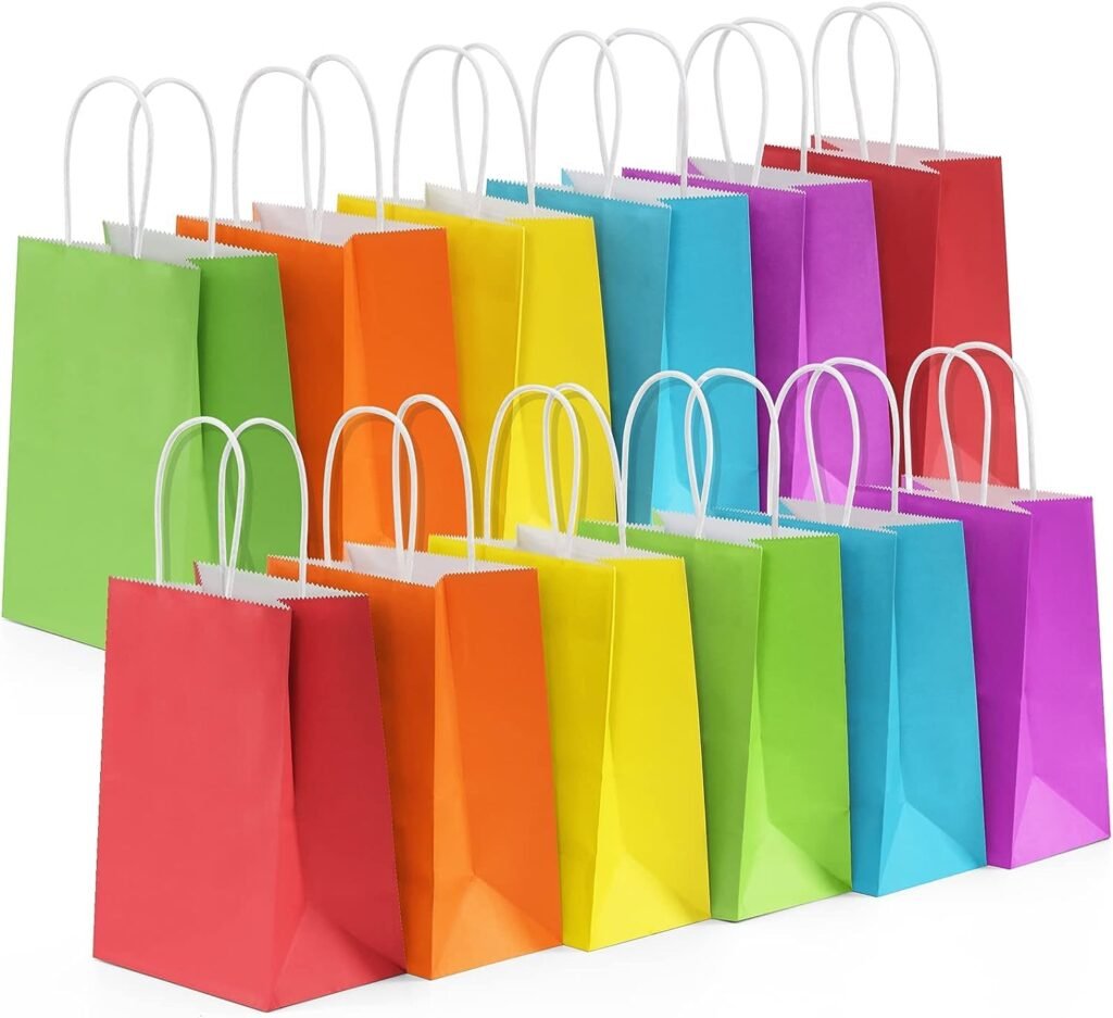 RanGit Bhumi Gift Bags- 6x8x4 inch 30 pcs Rainbow Colored Paper Bags with Handles, Durable Small Return Gifts Paper Carry Bag- Party Favor Goodie Bag for Birthday, Wedding, Festivals, Treats (Small-Fullcolor, Pack of 30)