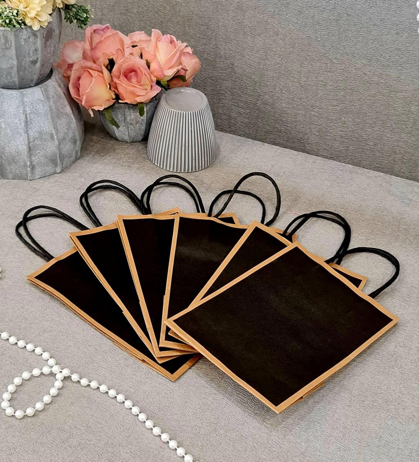 SATYAM KRAFT 6 Paper Bags with Handle | Gift for Her/Him, Girlfriend, Boyfriend Gifting ,Gift Bags Return Gifts, Wedding, Anniversary, Birthday, Party Favours, Hampers, Festival (21 cm x 15 cm) (Black, Small)