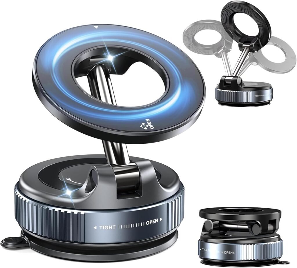 SEVAM 2025 Upgraded 360° Vacuum Magnetic Car Phone Holder Vacuum Suction Magna Ring Foldable Cell Holder for Car/Gym/Mirror/Smooth Surface Compatible with All Mobile (Black)