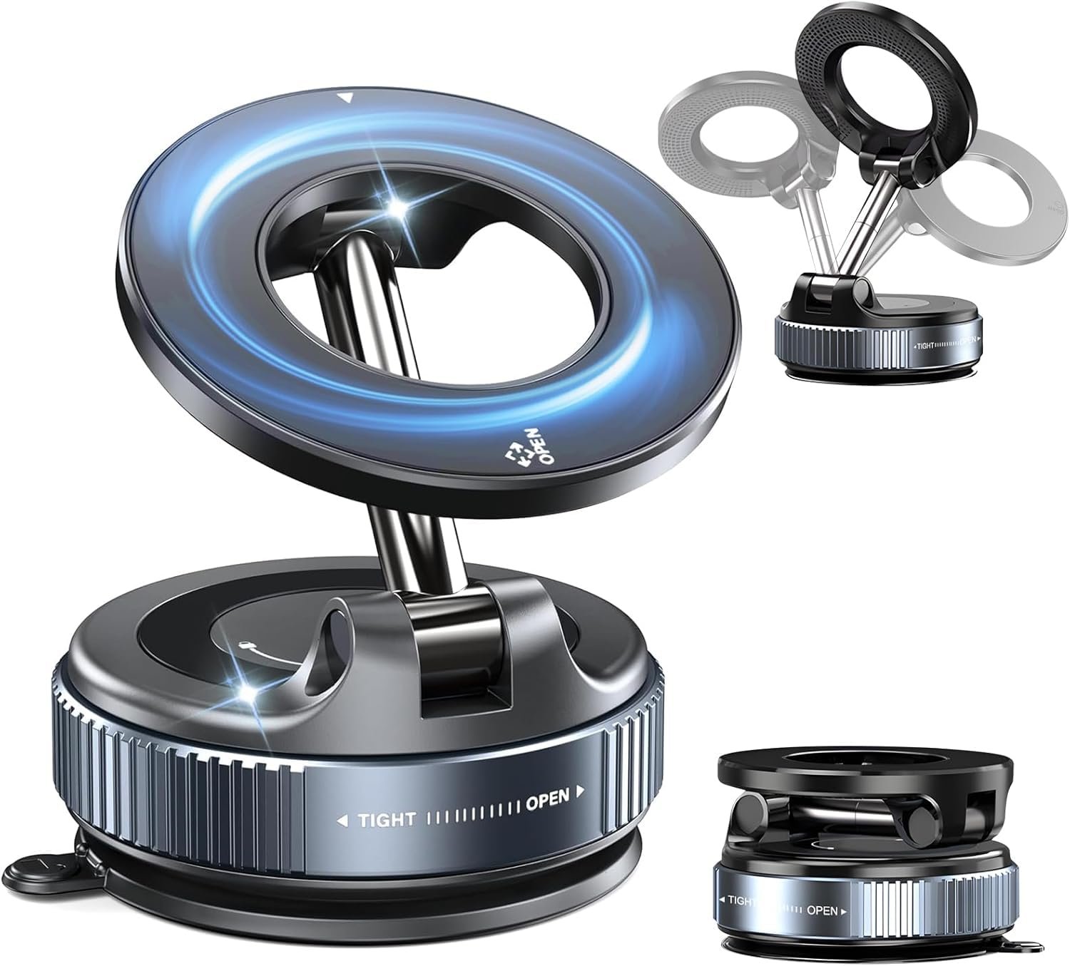 SEVAM 2025 Upgraded 360° Vacuum Magnetic Car Phone Holder Vacuum Suction Magna Ring Foldable Cell Holder for Car/Gym/Mirror/Smooth Surface Compatible with All Mobile (Black)