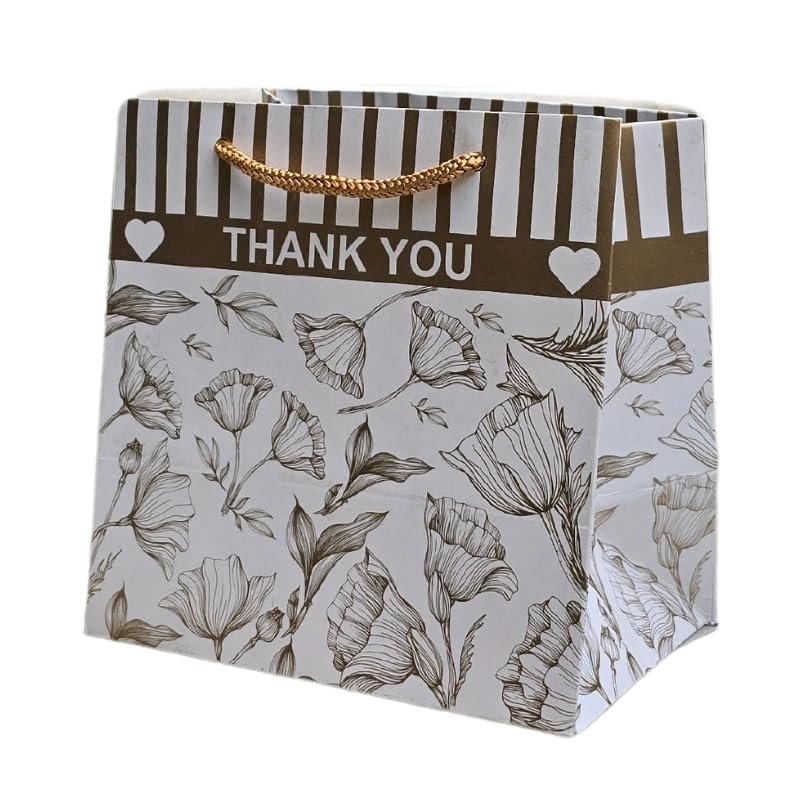 TASCHE Golden Floral Design Thank You Theme Paper Gift Bags for Return Gifts| Birthday | Holiday Presents (Pack Of 10 | 6x3x6 Inches)
