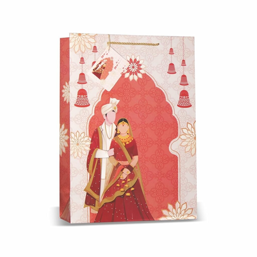 VESTTA -ELEGANCE REDEFINED Gift Paper bag, Extra Large Vertical, 12 (L) x 5 (B) x 17 Inch (H), Dulha Dulhan Print for Weddings, Engagements, Bridal Showers, Anniversaries with Gift Tags, Orange VESTTA -ELEGANCE REDEFINED Gift Paper bag, Extra Large Vertical, 12 (L) x 5 (B) x 17 Inch (H), Dulha Dulhan Print for Weddings, Engagements, Bridal Showers, Anniversaries with Gift Tags, Orange