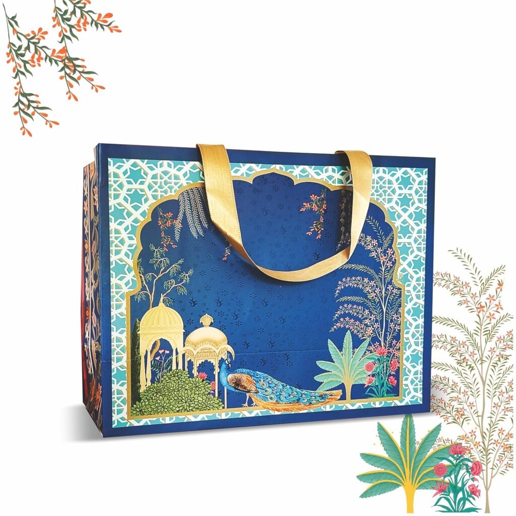 VESTTA -ELEGANCE REDEFINED Paper Gift Bags, Large,13 (L) X 5.5 (B) X10 (H) Inches, Arabic Vintage Print, Gloss Finish, Gold Stamping, Pack Of 5, For All Celebrations, With Tags-Premium Collection (5)
