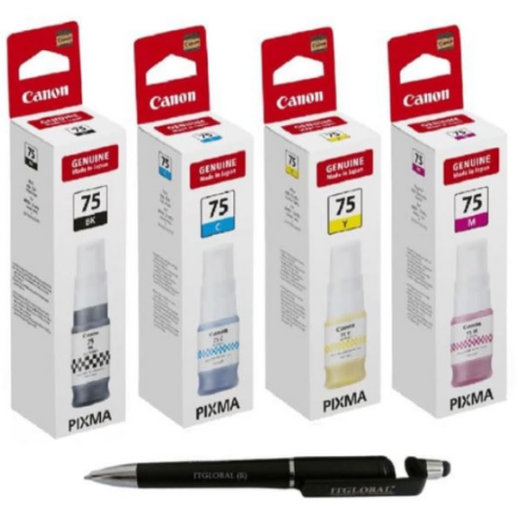 Value Pack Combo OG 75 Black Cyan Yellow Magenta Original Ink Bottle for Canon Selected Printer with 3in1 Multi-Function Creative Mobile Phone Stand, Stylus Pen, Ballpoint Pen GI 75 Gi-75