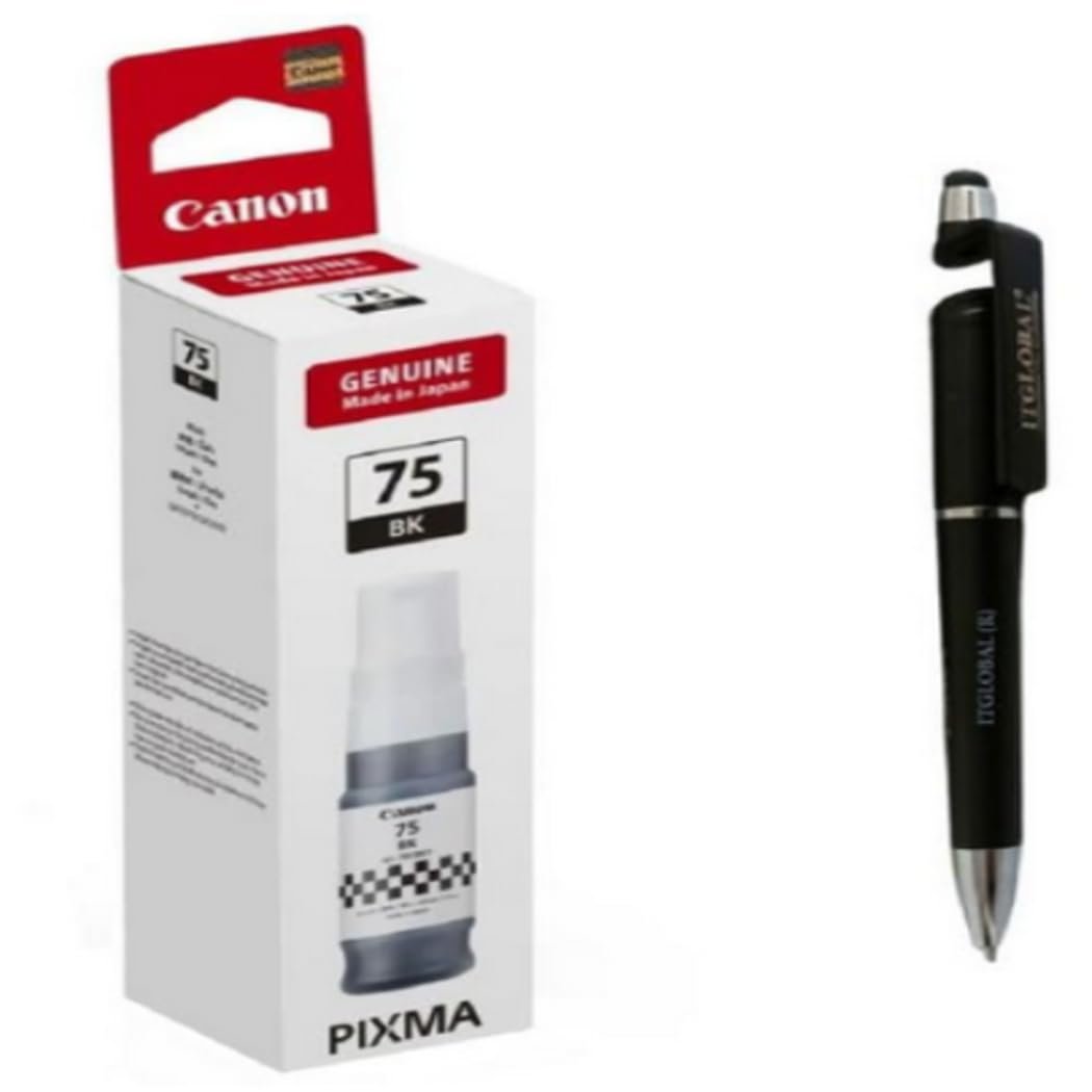 Value Pack Combo OG 75 Black Original Ink Bottle for Canon Selected Printer with 3in1 Multi-Function Creative Mobile Phone Stand, Stylus Pen, Ballpoint Pen (Very Colors) GI 75 Gi-75 Gi75