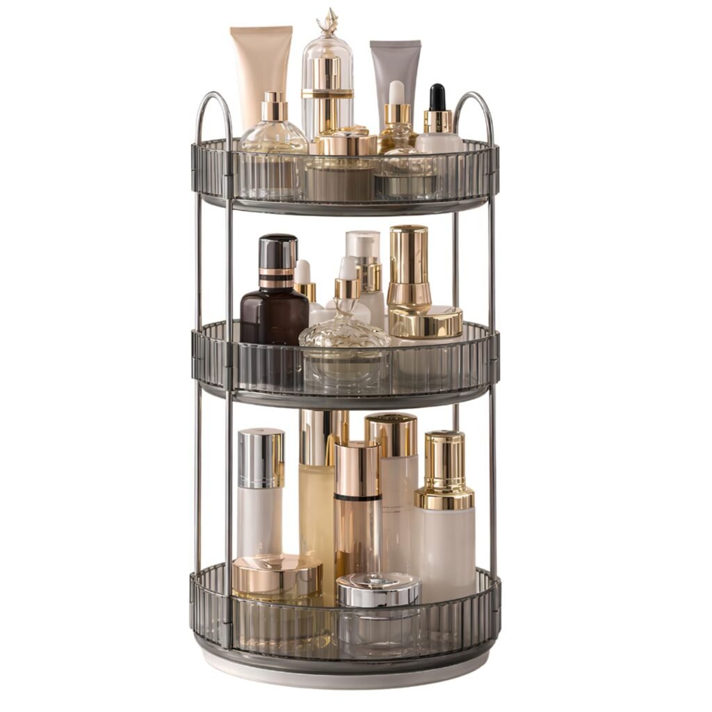 360° Rotating Makeup Organizer Box – Cosmetic Storage with Drawers, Plastic Makeup Holder Stand for Dressing Table, Lipsticks, Nail Polishes & Accessories (Light Gray, 3 Layer)