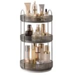 360° Rotating Makeup Organizer Box – Cosmetic Storage with Drawers, Plastic Makeup Holder Stand for Dressing Table, Lipsticks, Nail Polishes & Accessories (Light Gray, 3 Layer)