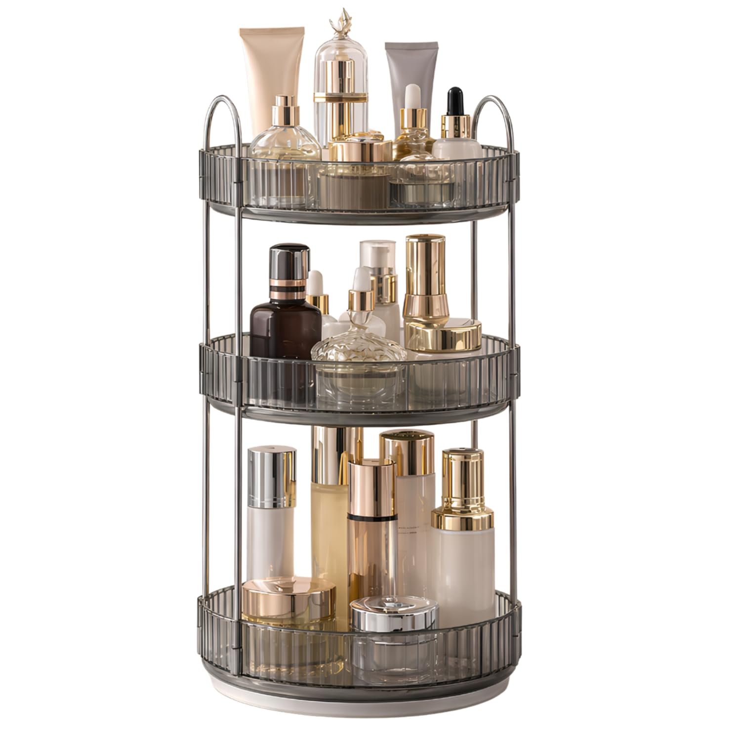 360° Rotating Makeup Organizer Box – Cosmetic Storage with Drawers, Plastic Makeup Holder Stand for Dressing Table, Lipsticks, Nail Polishes & Accessories (Light Gray, 3 Layer)