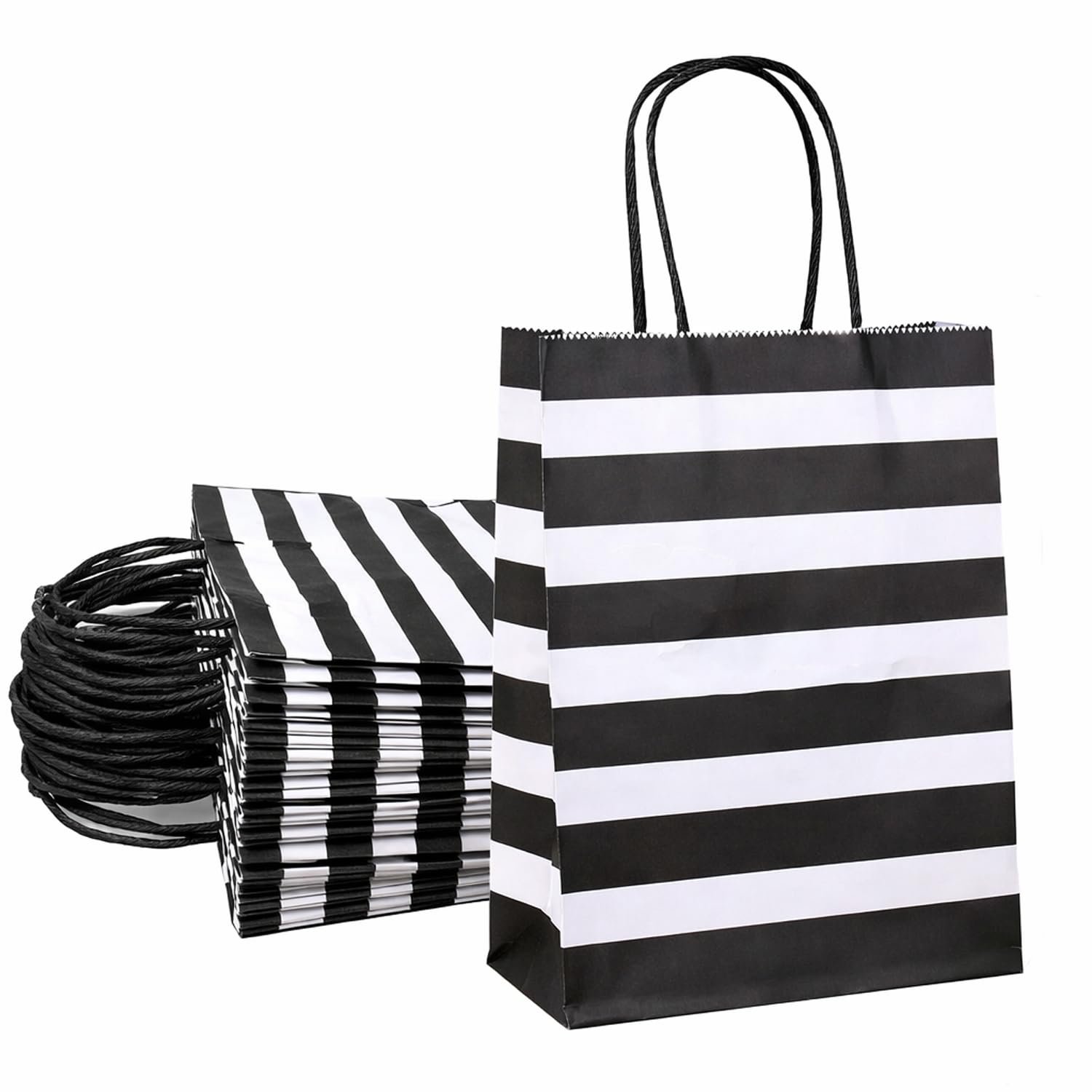 Aakriti Paper Gift Bags with Handles – Black & White Striped Design, Perfect for Party Favors, Return Gifts & Retail Packaging, Medium 10 x 4 x 12 Inches (L x W x H), Pack of 50