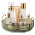 House of VIPA 360° Rotating Makeup & Cosmetic Organizer | Green Transparent Vanity Tray with Golden Handles | Smooth Rotation | Perfume, Skincare & Bathroom Counter Storage (Gem Green, 1 Layer)