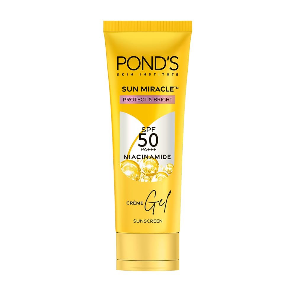 POND’S Sun Miracle SPF 50 PA+++ Crème Gel Sunscreen-Protect & Bright, With 3% Niacinamide, Fade Dark Spots in 4 Weeks, Lightweight, No White Cast 100g POND’S Sun Miracle SPF 50 PA+++ Crème Gel Sunscreen-Protect & Bright, With 3% Niacinamide, Fade Dark Spots in 4 Weeks, Lightweight, No White Cast 100g