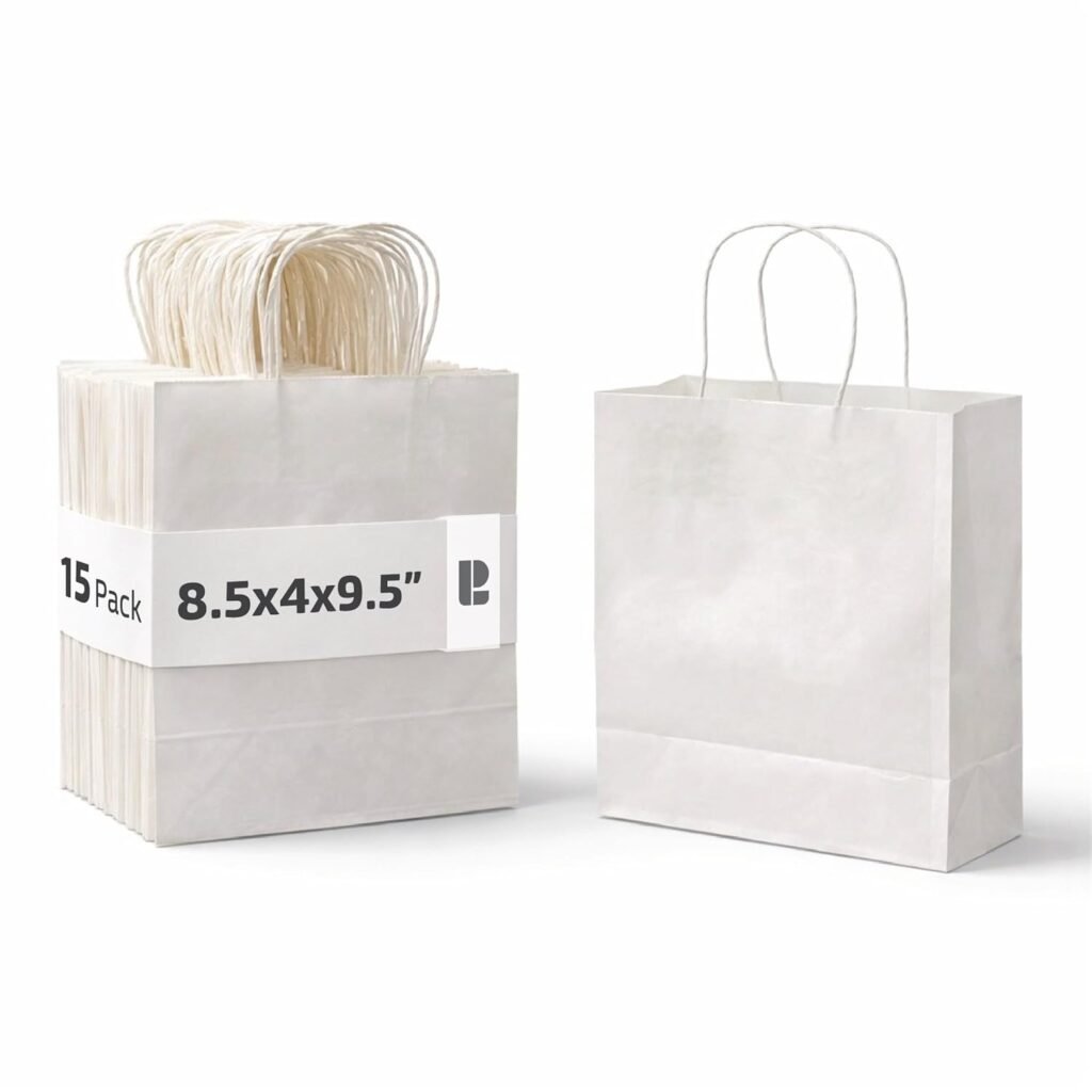 PrasheelLiving 8.5x4x9.5″ White Paper Bags with Twisted Handles for Shopping, Gifting, Party Favours, Return Gifts, Retail Merchandise Bags, Small Business, Disposable Kraft Paper Gifting Covers, 15 Pack PrasheelLiving 8.5x4x9.5″ White Paper Bags with Twisted Handles for Shopping, Gifting, Party Favours, Return Gifts, Retail Merchandise Bags, Small Business, Disposable Kraft Paper Gifting Covers, 15 Pack