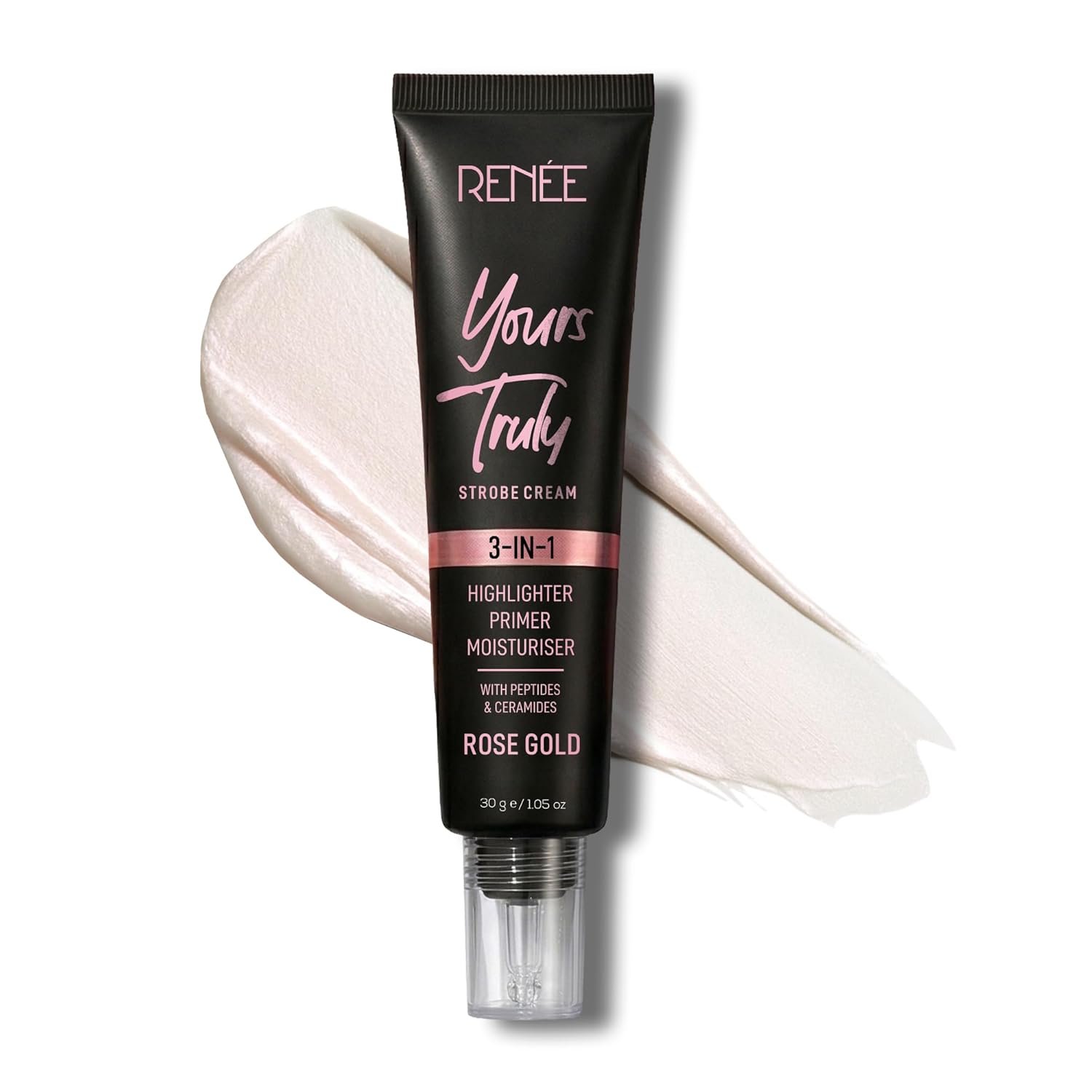 RENEE Yours Truly Strobe Cream for Face | 3 in 1 Highlighter Primer Moisturiser | Glow Cream, Lightweight, Non Sticky | Hydrating Dewy Skin Finish With Peptides | For All Skin Types | Rose Gold – 30g