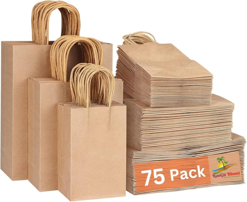 RanGit Bhumi – Brown Paper Bags 3 sizes – 6x4x8, 8x4x10, 10x5x14 in (25pcs each size) Bulk pack for Retail shop small business – Paper Carry Bags, Gift Bags, Reacycled Eco friendly Disposable (75)