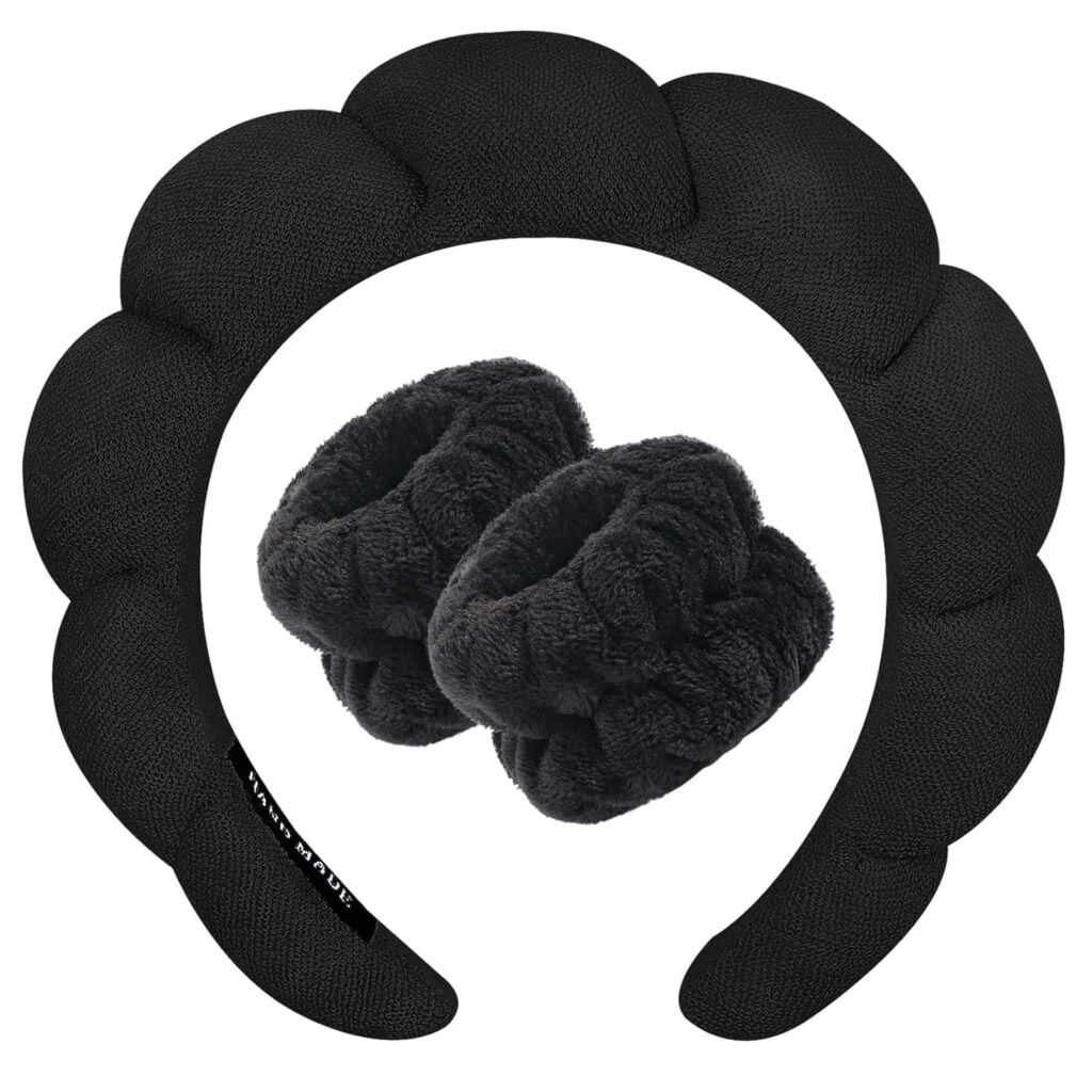 Spa Headband Wristband for Women Girls Face Washing, Facial Skincare Headband Sunflower Sponge Makeup Hairband Wrist Washband Combo Set – Pink (Black, 1 COUNT)