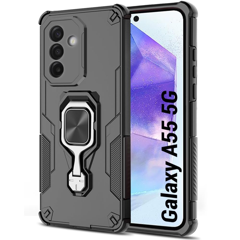 TheGiftKart Tough Armor Bumper Back Case Cover for Samsung Galaxy A55 5G | Ring Holder & Kickstand in-Built | 360 Degree Protection Back Case Cover for Samsung Galaxy A55 5G (PC & TPU, Black)