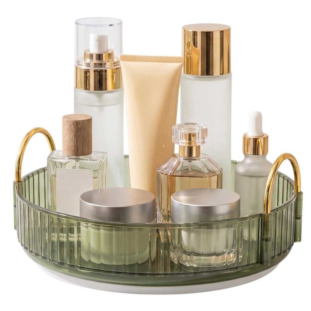 Zollyss Vintage Green 360° Rotating Makeup Organizer Tray, 9 Inch Lazy Susan Vanity Organizer with Gold Handles, Clear Acrylic Turntable for Skincare, Perfume & Cosmetics