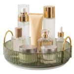 Zollyss Vintage Green 360° Rotating Makeup Organizer Tray, 9 Inch Lazy Susan Vanity Organizer with Gold Handles, Clear Acrylic Turntable for Skincare, Perfume & Cosmetics