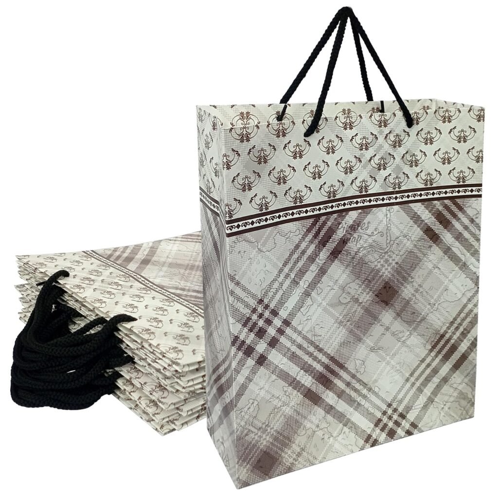 Aakriti Designer Paper Gift Bags Pack of 25 | 8.5 x 7.9 x 3 Inch | Elegant Beige & Brown Pattern | Reusable Bags with Handles for Weddings, Parties, Return Gifts & Boutique Packaging