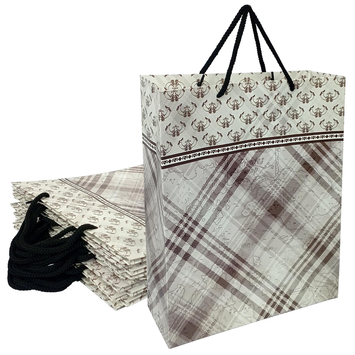 Aakriti Designer Paper Gift Bags Pack of 25 | 8.5 x 7.9 x 3 Inch | Elegant Beige & Brown Pattern | Reusable Bags with Handles for Weddings, Parties, Return Gifts & Boutique Packaging