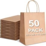 Aakriti Small Gift Bags with Handles 8.5 × 4.5 × 11 Inch Kraft Paper Bags Bulk for Party Favor, Retail, Wedding, Gifts, Recyclable Brown Paper Sacks (BROWN 50 PCS)