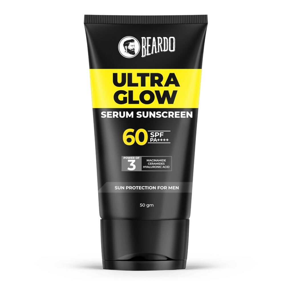 Beardo Ultra Glow Serum Sunscreen SPF 60 PA++++| UVA/UVB Protection | No White Cast | Ultra Lightweight 3 in 1 with Niacinamide, Ceramides & Hyaluronic Acid | Non-Greasy | Designed for Men | 50g