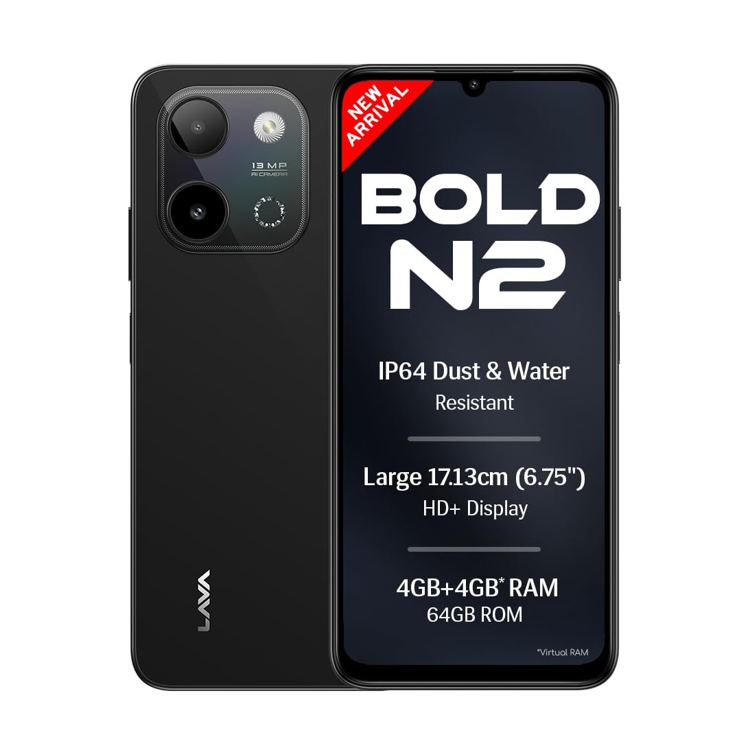 Lava Bold N2 (Indus Black, 4 GB RAM, 64 GB Storage) | 13MP AI Dual Rear Camera | Largest 6.75″ HD+ Display | 5000 mAh Battery & 10W Charging | IP64 Water & Dust Proof | Charger & Phone-Case in Box