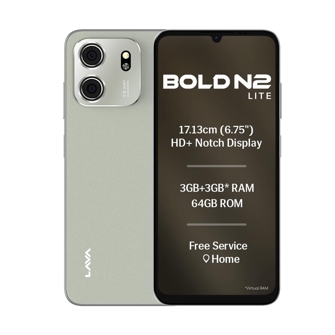 Lava Bold N2 Lite (Kolar Gold, 3 GB RAM, 64 GB Storage) | 6.75″ HD+ Display | 13MP AI Dual Rear Camera | 5000 mAh Battery | Secure Face Unlock | Fingerprint Reader | Charger & Phone-Cover in Box