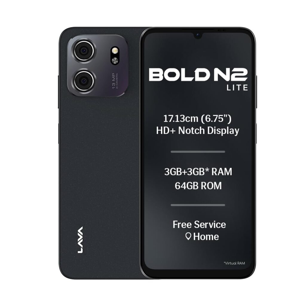Lava Bold N2 Lite (Nilgiri Blue, 3 GB RAM, 64 GB Storage) | 6.75″ HD+ Display | 13MP AI Dual Rear Camera | 5000 mAh Battery | Secure Face Unlock | Fingerprint Reader | Charger & Phone-Cover in Box