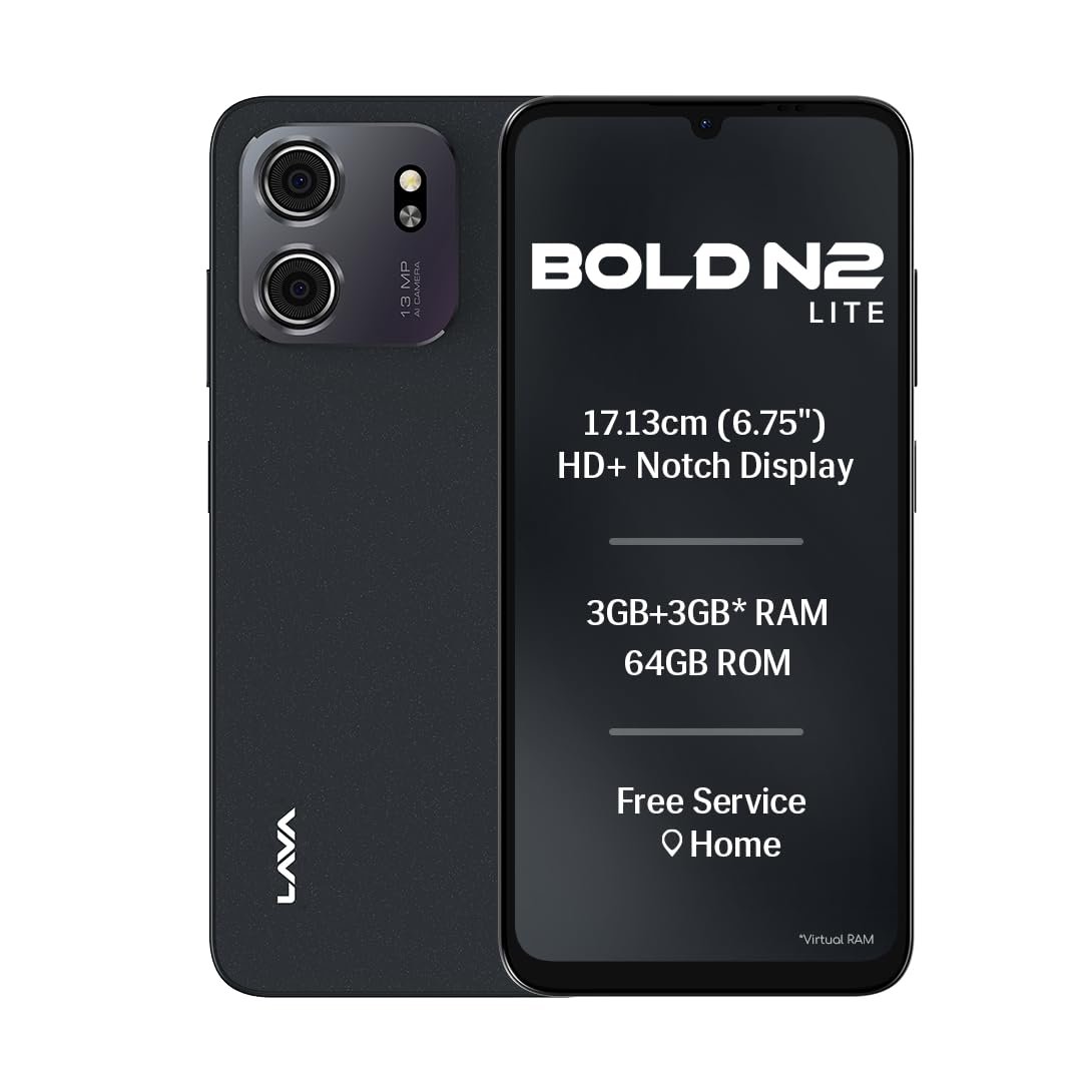 Lava Bold N2 Lite (Nilgiri Blue, 3 GB RAM, 64 GB Storage) | 6.75″ HD+ Display | 13MP AI Dual Rear Camera | 5000 mAh Battery | Secure Face Unlock | Fingerprint Reader | Charger & Phone-Cover in Box