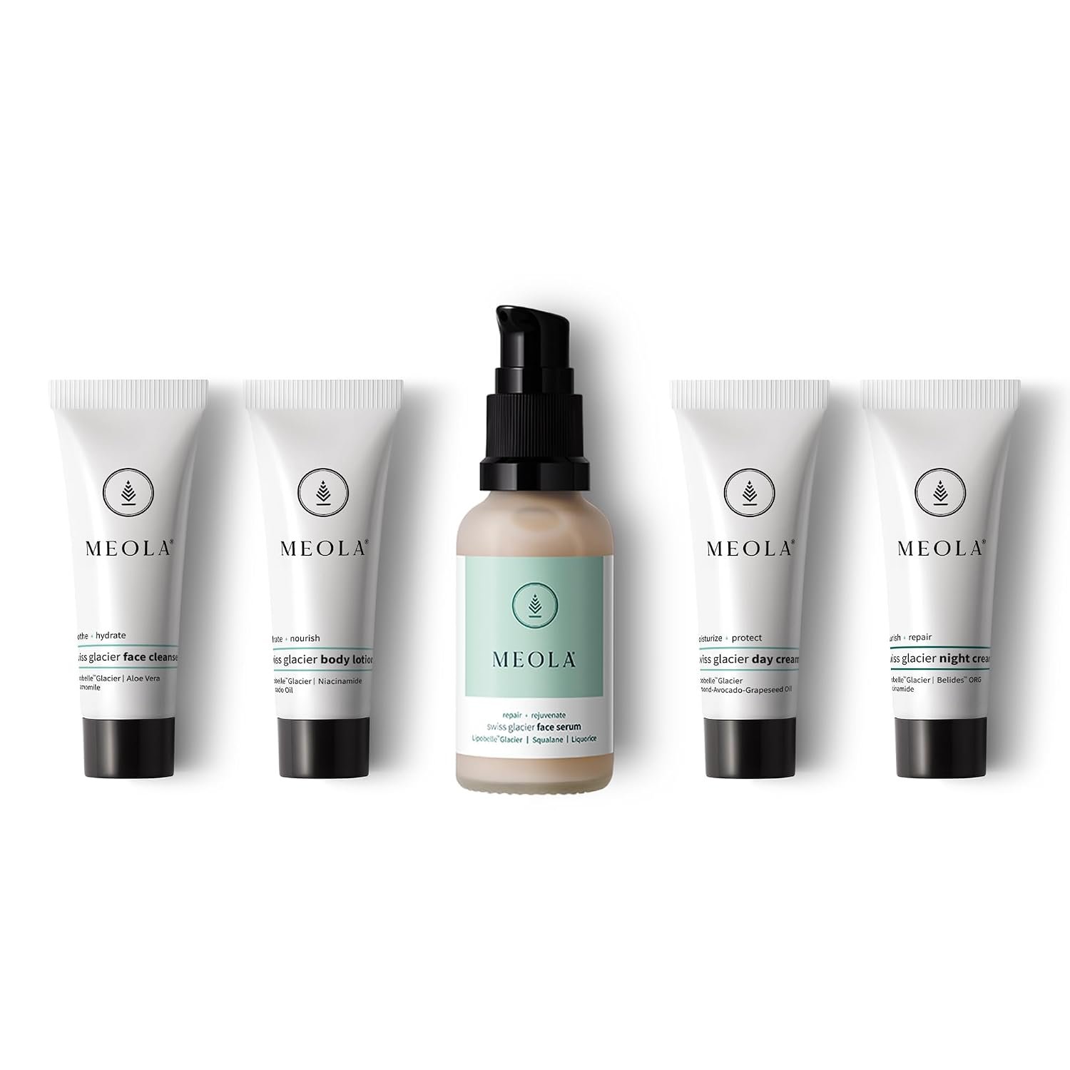 MEOLA Swiss Glacier Luxury Skincare Set (5-Piece) | Complete Hydration & Care Combo for Face & Body | Vegan, Toxin-Free & Suitable for All Skin Types | for Men & Women