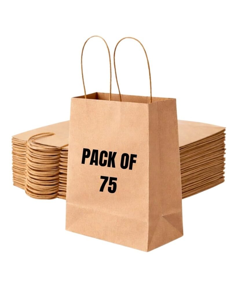Pack of 75 Kraft Paper Carry Bags (8x12x4.5 Inch) Eco-Friendly Brown Paper Bags with Strong Handles Reusable Shopping Bags for Gift, Grocery & Retail Use Sturdy Brown Kraft Paper Bags