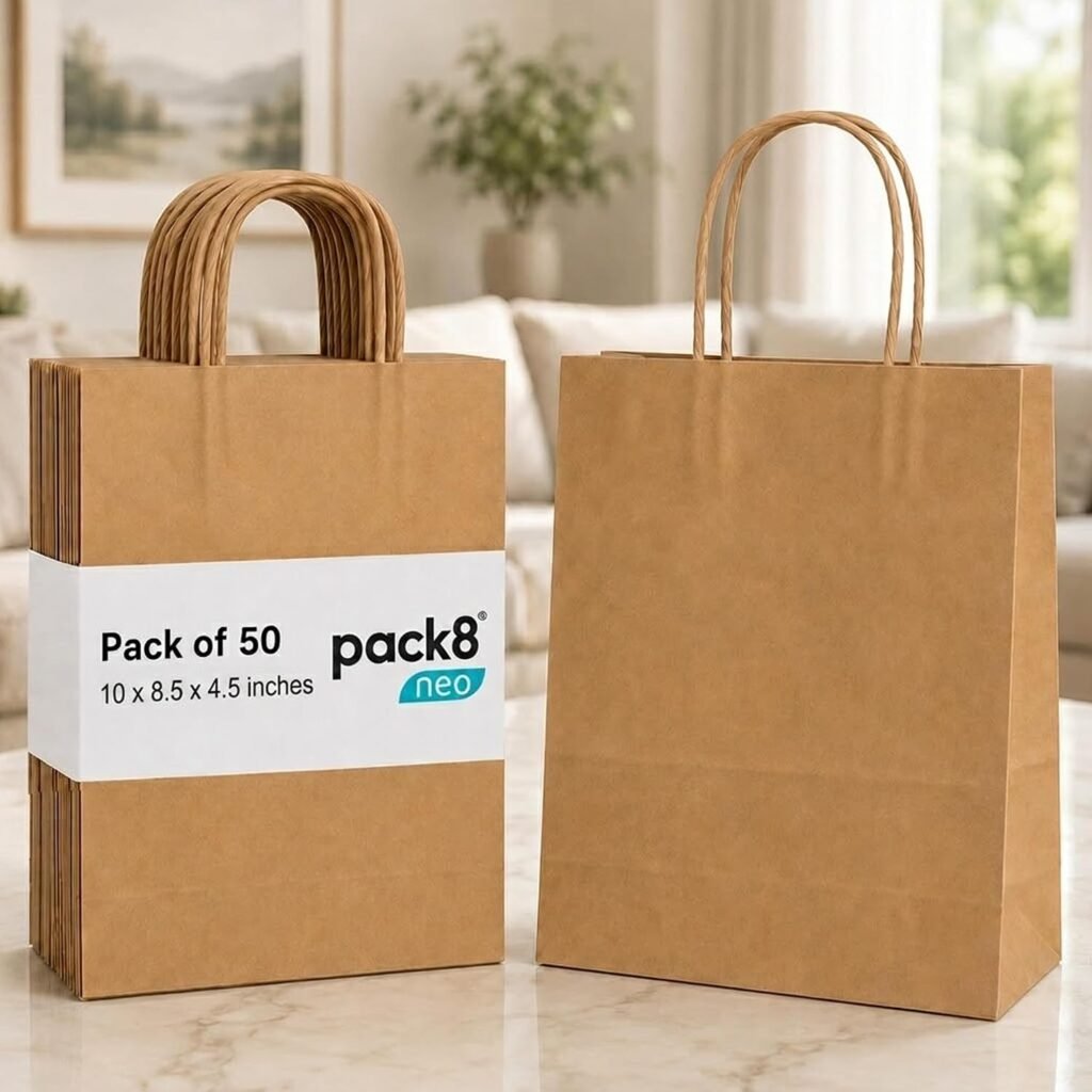 Pack8neo Pack of 100 Large Brown Paper Bags with Handle |Wedding, Party Favours, Kraft Grocery Shopping, Retail Merchandise | 12 * 10 * 5 Inches Pack8neo Pack of 100 Large Brown Paper Bags with Handle |Wedding, Party Favours, Kraft Grocery Shopping, Retail Merchandise | 12 * 10 * 5 Inches