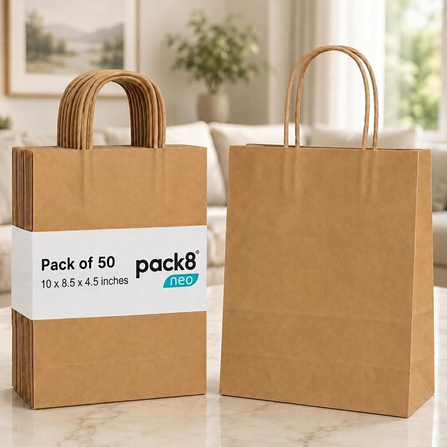 Pack8neo Pack of 100 Large Brown Paper Bags with Handle |Wedding, Party Favours, Kraft Grocery Shopping, Retail Merchandise | 12 * 10 * 5 Inches