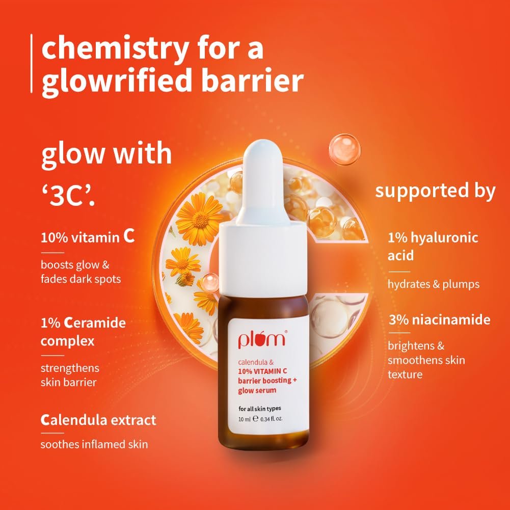 Plum 10% Vitamin C & Calendula Barrier Boosting + Glow Serum 10 ml | With 3% Niacinamide, 1% Hyaluronic acid & 1% Creamide complex| Clinically proven to reduce pigmentation & dark spots in 14 days| Boosts glow from 1st use | Men & Women | For all skin types Plum 10% Vitamin C & Calendula Barrier Boosting + Glow Serum 10 ml | With 3% Niacinamide, 1% Hyaluronic acid & 1% Creamide complex| Clinically proven to reduce pigmentation & dark spots in 14 days| Boosts glow from 1st use | Men & Women | For all skin types