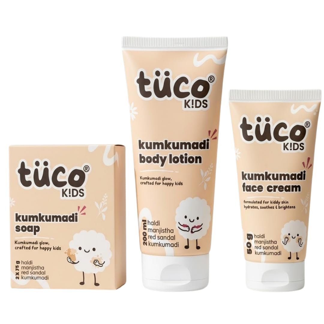 Tuco Kids 3-in-1 Kumkumadi Skincare Kit | Ayurvedic Kids Soap, Body Lotion & Face Cream | Red Sandalwood, Manjistha & Haldi | Clinically Tested | Paraben & SLS Free | Kids Skin Care | 0-12 Years Age | Ayurvedic Kids Soap, Body Lotion & Face Cream, Red Sandalwood, Manjistha & Haldi, Clinically Tested, Paraben & SLS Free