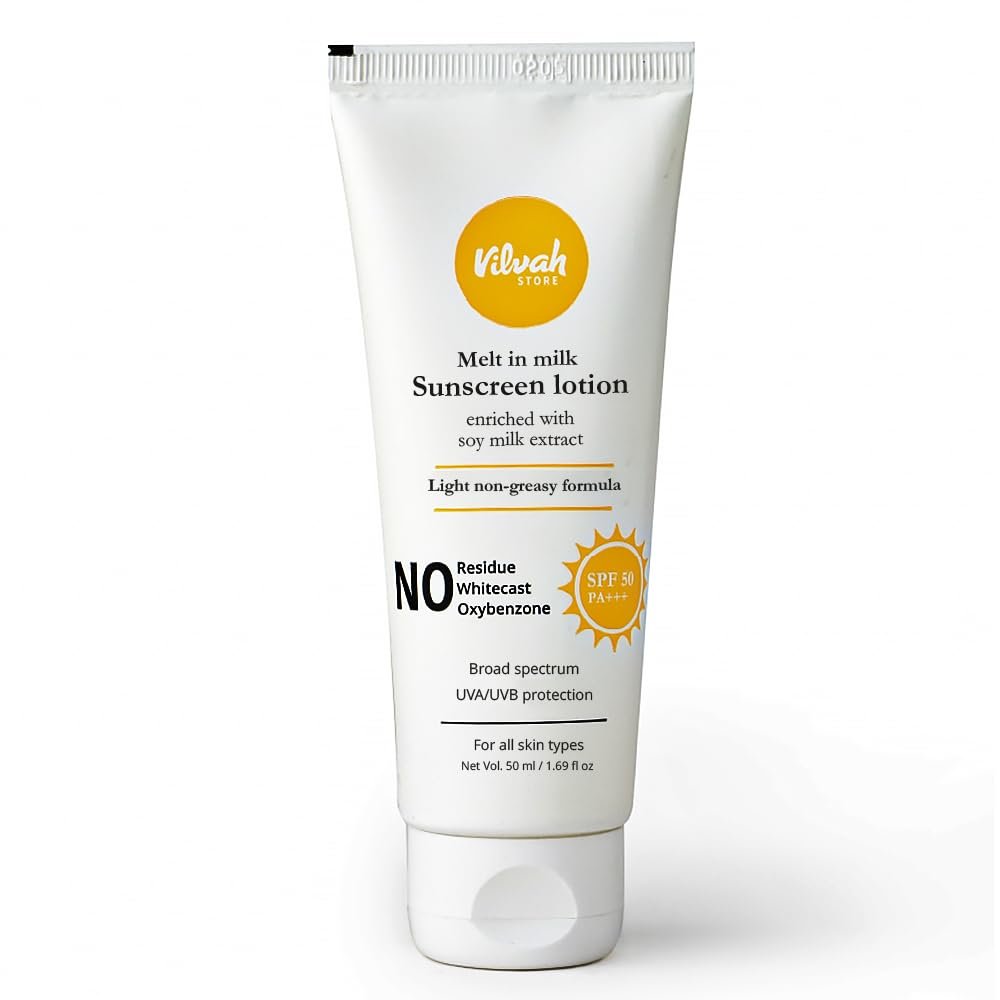 Vilvah Melt-In-Milk Sunscreen SPF 50 PA+++ | No White Cast, Water-Resistant Sunscreen | Hydrating, Lightweight, Non-Greasy | UVA & UVB Protection with Natural UV Filters & Soy Milk Extract | Unisex, For All Skin Types | 60ml